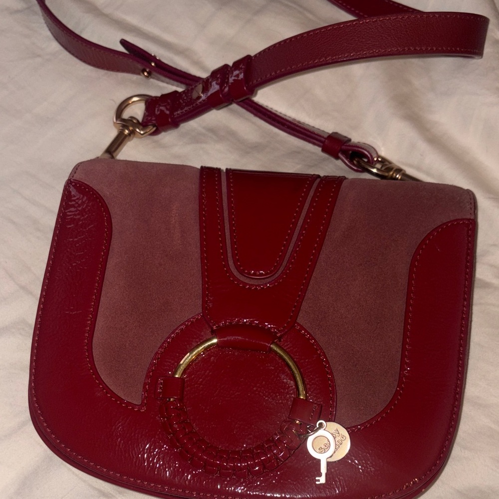 SeeByChloe red patent leather and suede crossbody